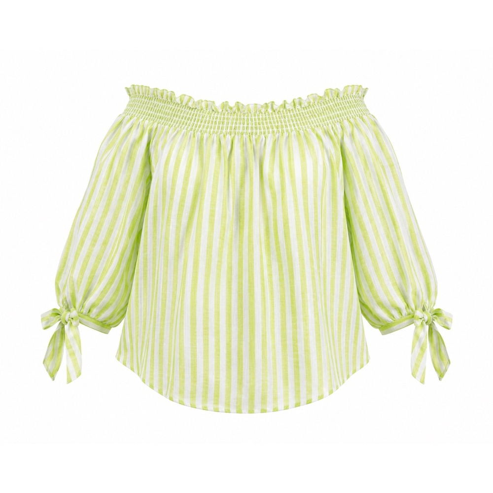 Michael Kors Blouse Womens 2X Lime Green White Striped Off Shoulder Linen Top
